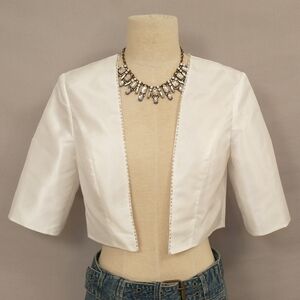 White Satin Bolero Crop Jacket Formal Light w Half Sleeve Silver Beaded Trim